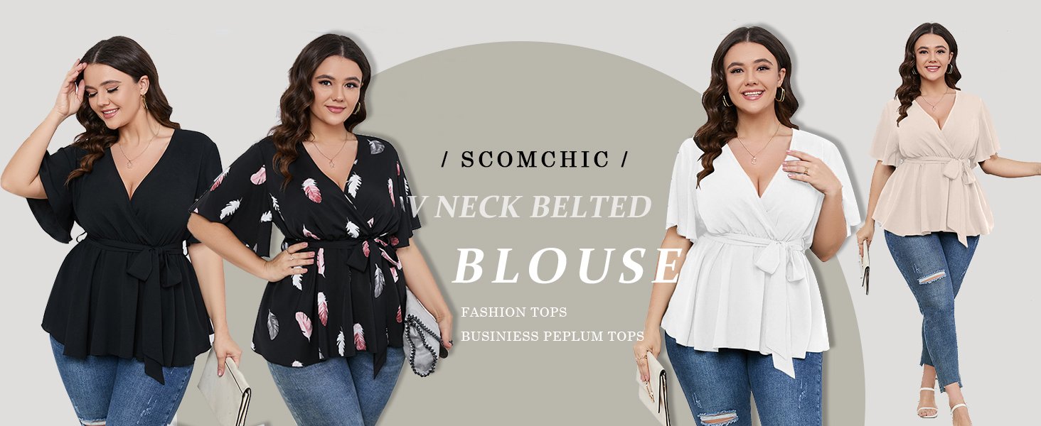 v neck wrap belted tops, plus size black tops