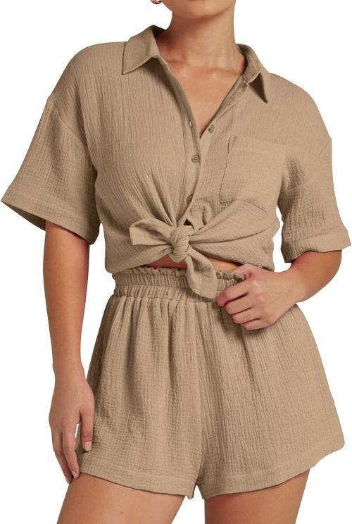 Women's 2 Piece Outfits Track Suits Matching Sets Loungewear for Vacation Button Down Shirt and Shorts Set