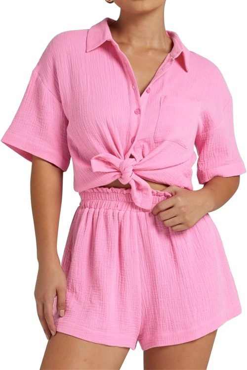 Women's 2 Piece Outfits Track Suits Matching Sets Loungewear for Vacation Button Down Shirt and Shorts Set