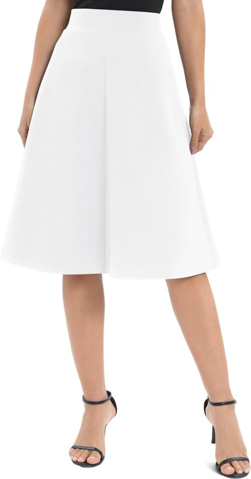Women's A-Line Elastic High Waist Flare Work Midi Knee Length Stretchy Skirt