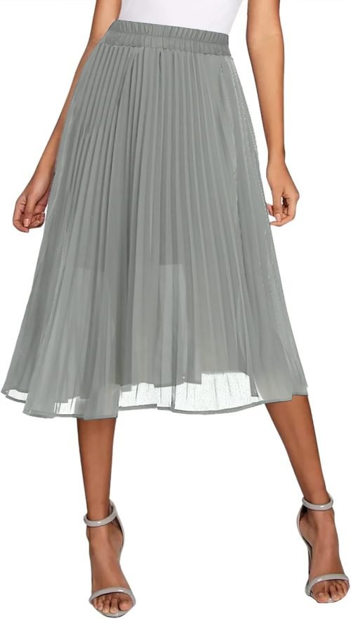 Women's Elastic High Wasit Pleated Skirt Woven Casual Midi Swing Skirt
