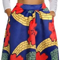 Womens African Print Skirt Boho Flare Pleated Midi Skirt with Pockets