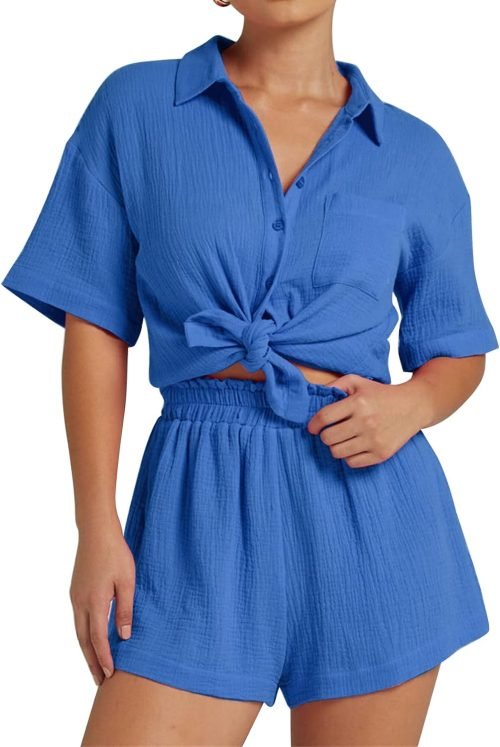 Women's 2 Piece Outfits Track Suits Matching Sets Loungewear for Vacation Button Down Shirt and Shorts Set