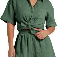 Women's 2 Piece Outfits Track Suits Matching Sets Loungewear for Vacation Button Down Shirt and Shorts Set