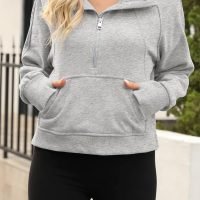 Womens Hooded Pullover Sweatshirts Half Zipper Crop Hoodie Fleece Lined Collar Zip Up Hoodies Cropped Long Sleeve Tops, 1 - Light Grey, Large