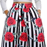 Womens African Print Skirt Boho Flare Pleated Midi Skirt with Pockets